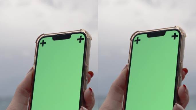 垂直视频。一位女性手持一部手机，上面有一个空白的绿色屏幕和标记，背景是大海和阴天。
