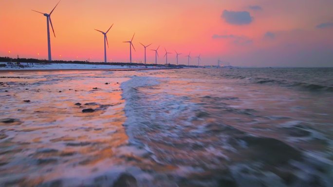 大海海边风电晚霞