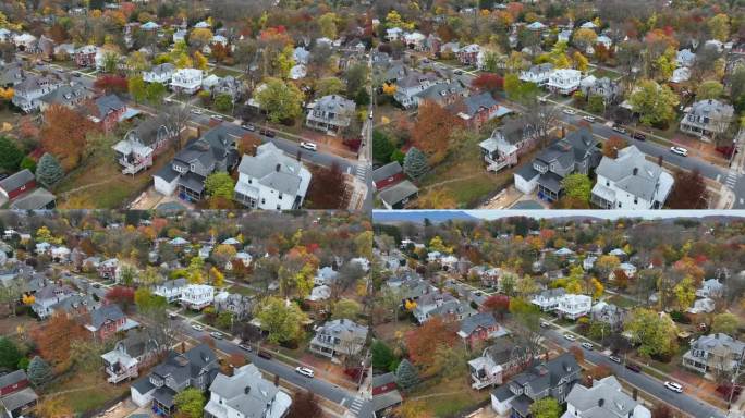 秋天的美国小镇。鸟瞰古雅街道两旁的房屋和住宅。
