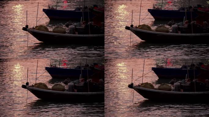 夜幕下停靠的小渔船