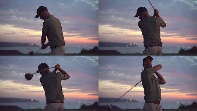 高尔夫球场上的运动运动员用球杆打球。热带海岛休闲区运动男性的平静早晨。积极职业人士的现代放松观