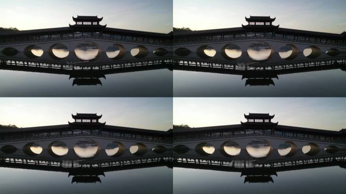夕阳湖面仿古拱桥