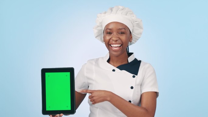 指点，厨师和黑人女性用平板电脑，绿色屏幕或美食博客，社交媒体和在线食谱模型。烹饪，移动应用程序和肖像