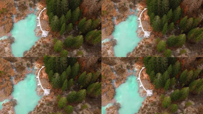 空中无人机拍摄美丽的绿松石湖和望塔在泽伦西自然保护区