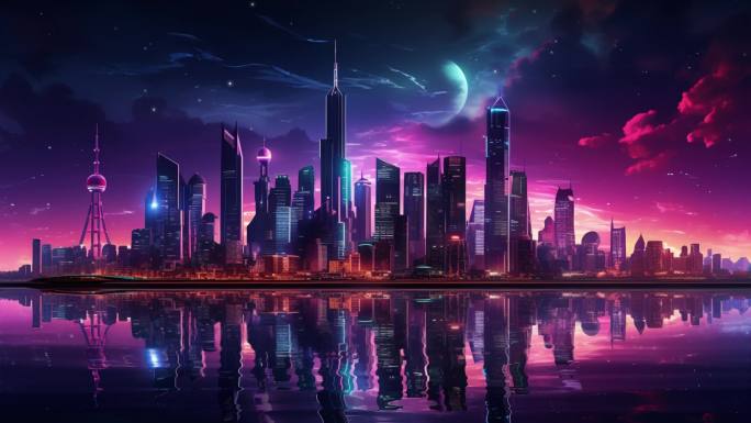 赛博朋克未来都市夜景天际线虚拟制景大屏