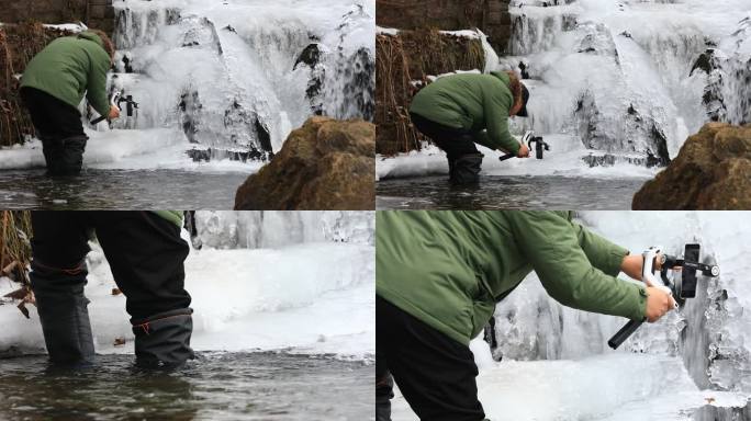 在冰雪瀑布里工作的摄影师