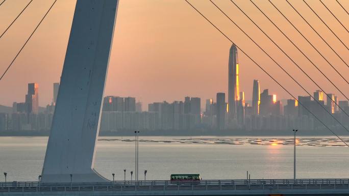 航拍深圳湾公路大桥与城市天际线