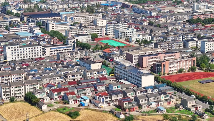 航拍农村乡镇建筑学校河湖稻田房屋