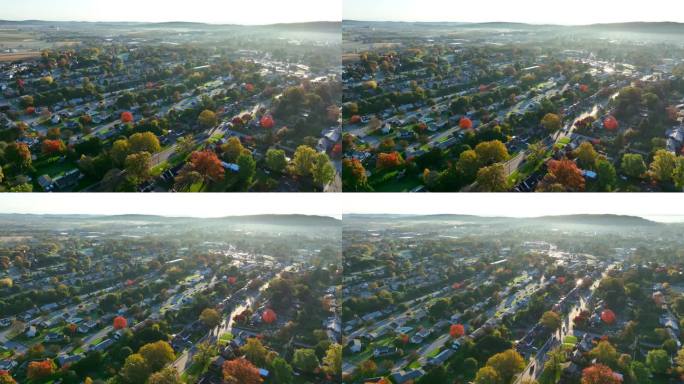秋天日出时的美国郊区。在美国小镇的高空拍摄。