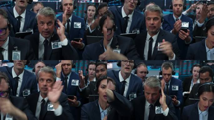 在证券交易所工作的专业交易员肖像。热情的男人和女人大喊大叫，向经纪人发出公司股票和商品的订单，公开叫