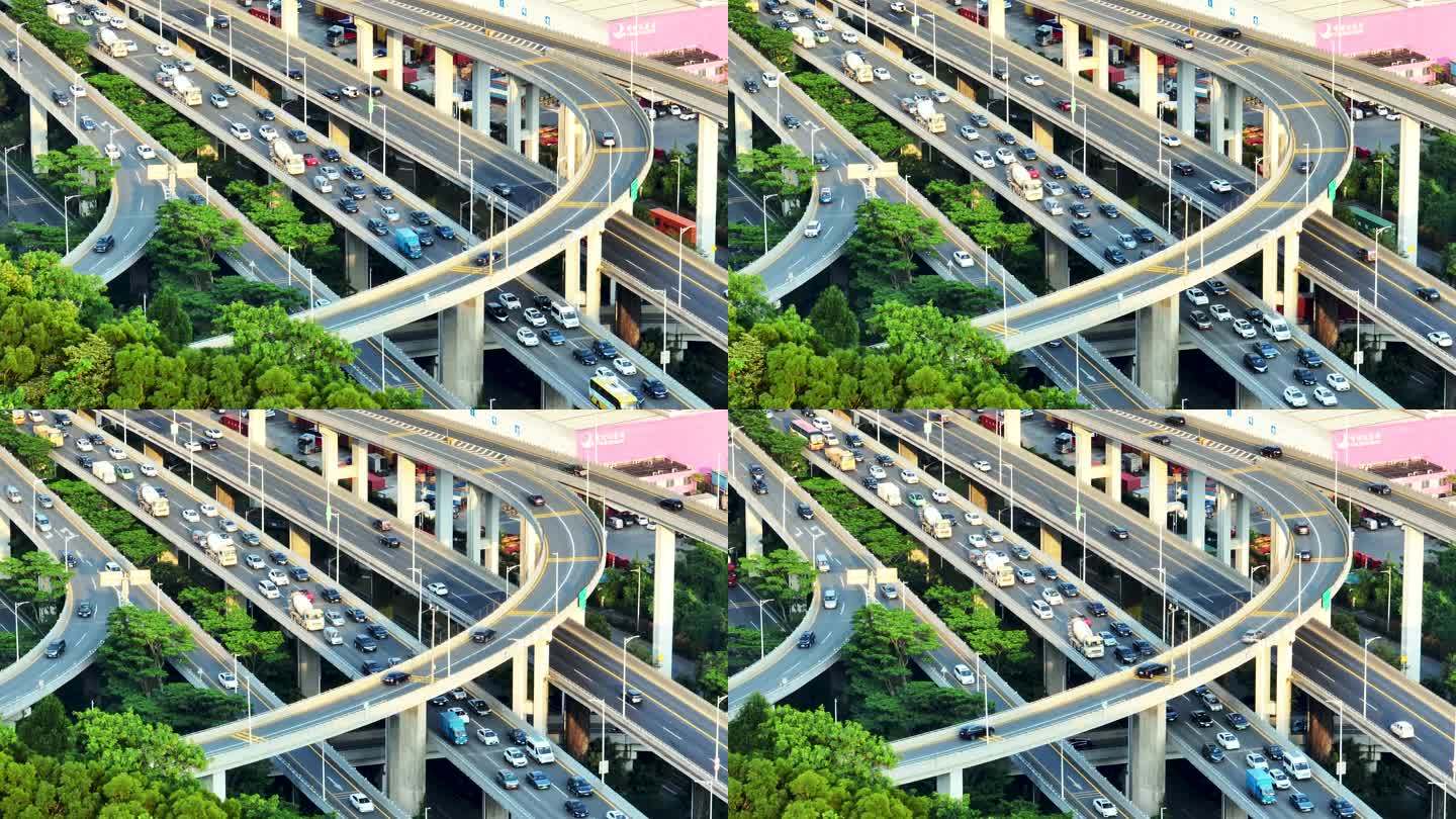 航拍城市交通高峰期堵车高架桥道路车流