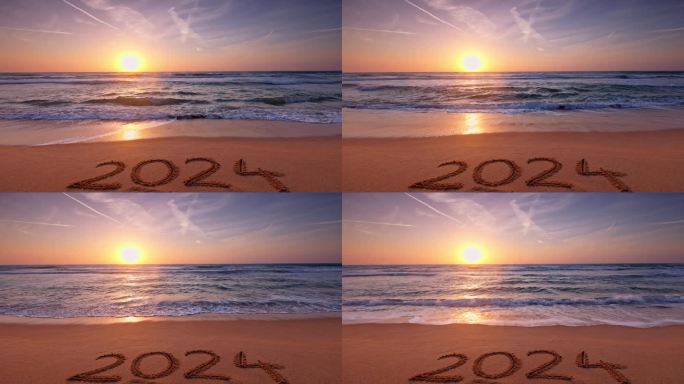 热带海滩日出和文字上的海沙新年快乐2024鼓舞人心的自然背景