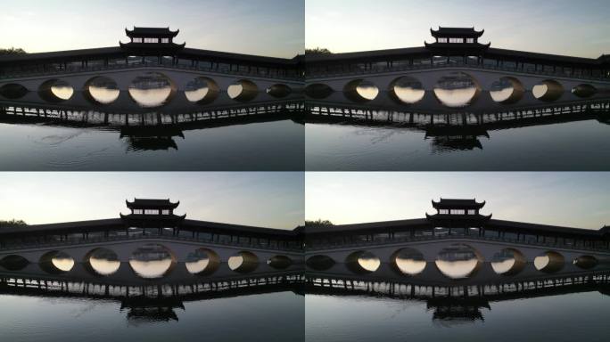 夕阳湖面仿古拱桥