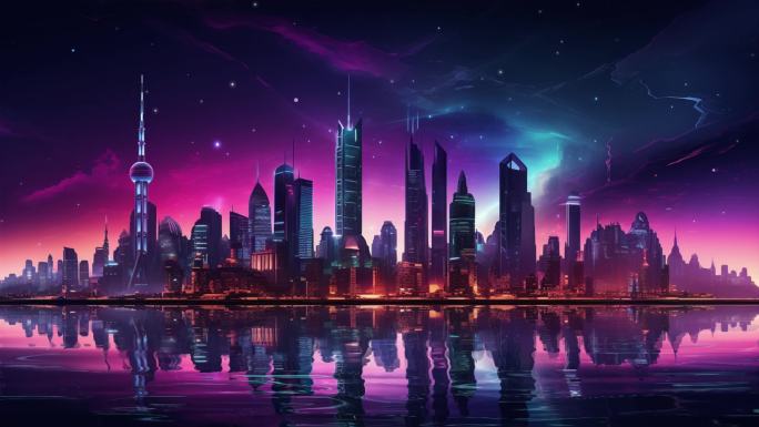 赛博朋克未来都市夜景天际线虚拟制景大屏2