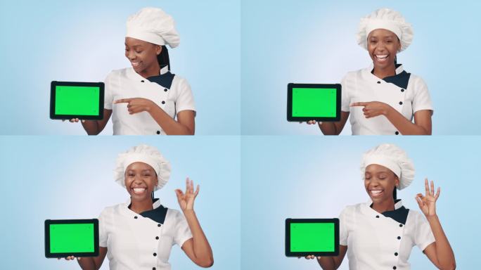 厨师、指手画脚的女人拿着平板电脑、绿屏或食物博客、社交媒体或在线食谱的模型。烹饪，移动应用程序和肖像