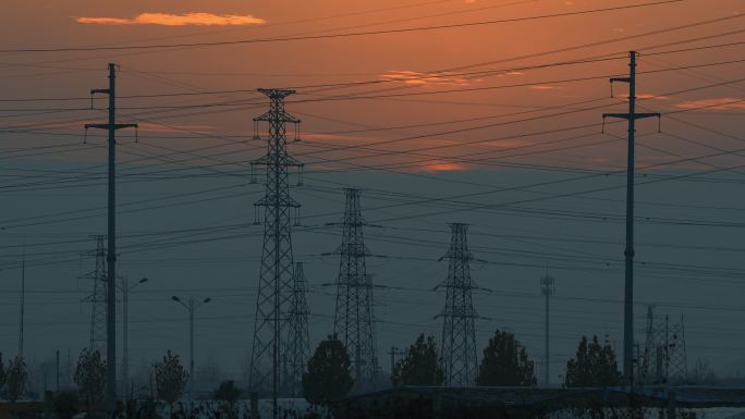 夕阳 电线塔 高压电 能源 供电线路