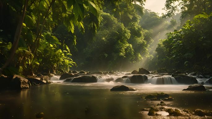 森林丛林小溪溪水河流早晨
