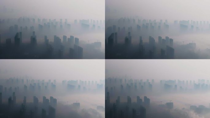 大雾霾下的城市剪影航拍