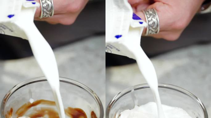 纯牛奶倒入杯子里慢动作