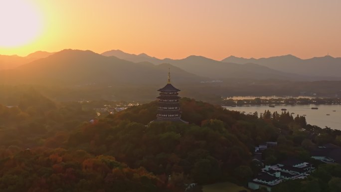 杭州西湖日落航拍