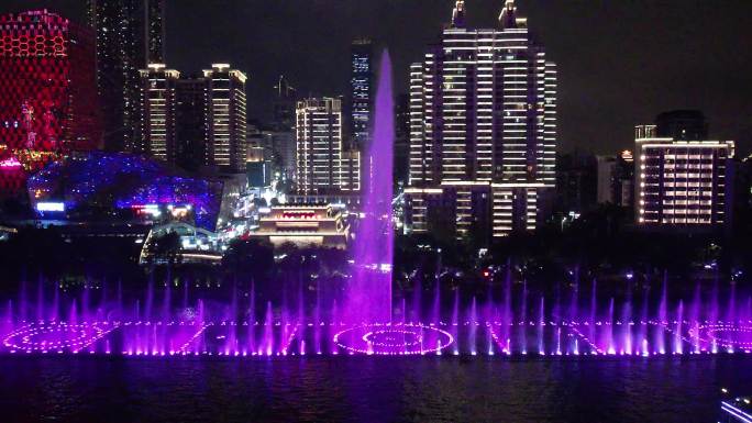 广西柳州音乐喷泉夜景航拍
