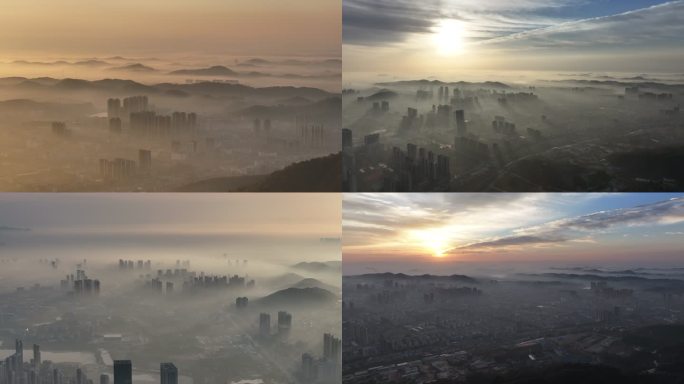 武汉江夏纸坊城区日出云海晨雾如仙境航拍