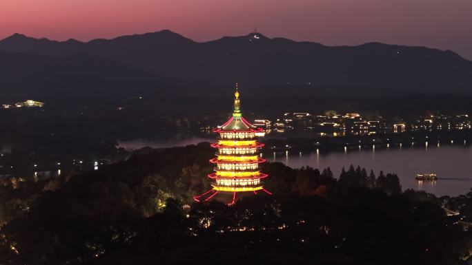 杭州雷峰塔夜景航拍