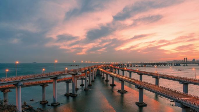 大连星海湾跨海大桥晚霞延时日转夜