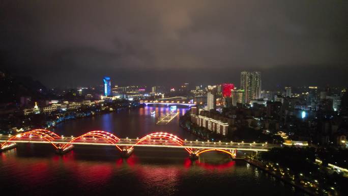 广西柳州柳江桥梁交通夜景灯光航拍
