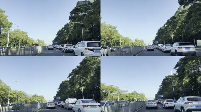 开车行驶在深圳道路车流交通城市车窗外风景