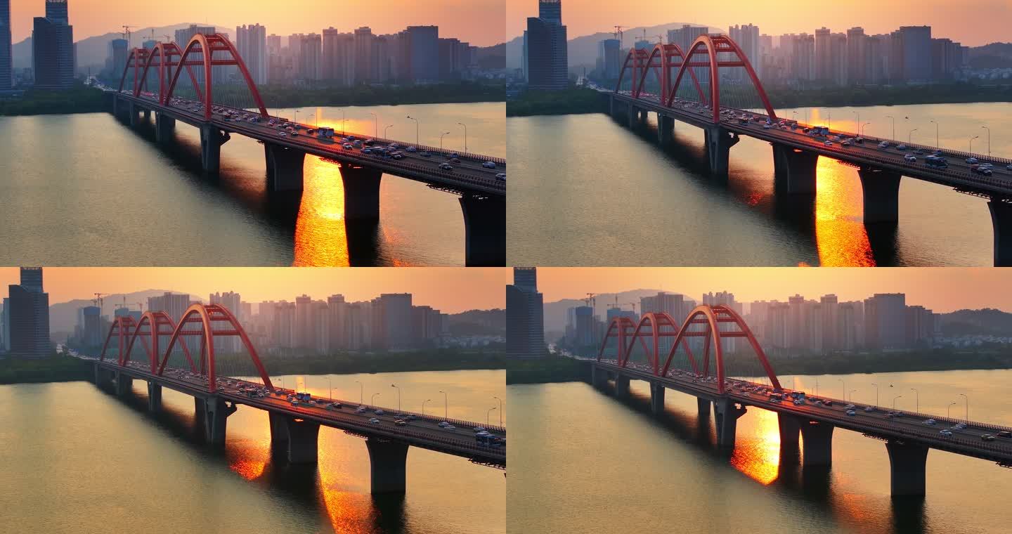 4K长沙湘江福元路大桥日落航拍