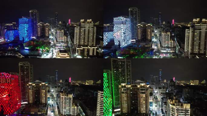 广西柳州五星商业步行街夜景灯光航拍