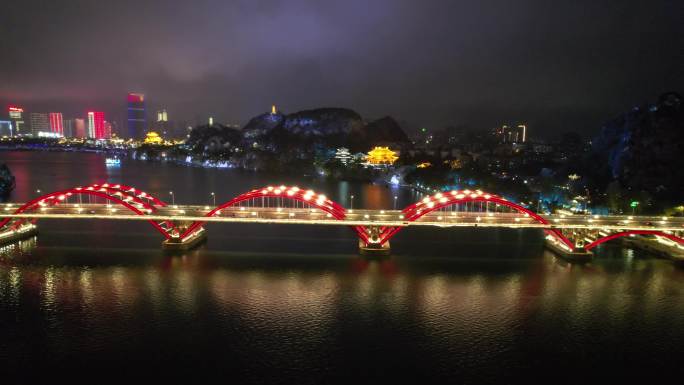 广西柳州柳江夜景文惠桥夜景灯光航拍