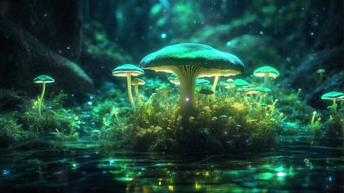 4K绿色生态梦幻森林蘑菇概念背景