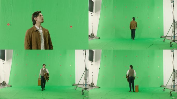 复古行走背影眺望提箱子质感男子绿幕