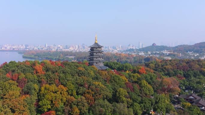 杭州西湖雷峰塔秋景航拍