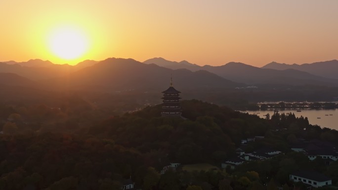 杭州西湖日落航拍