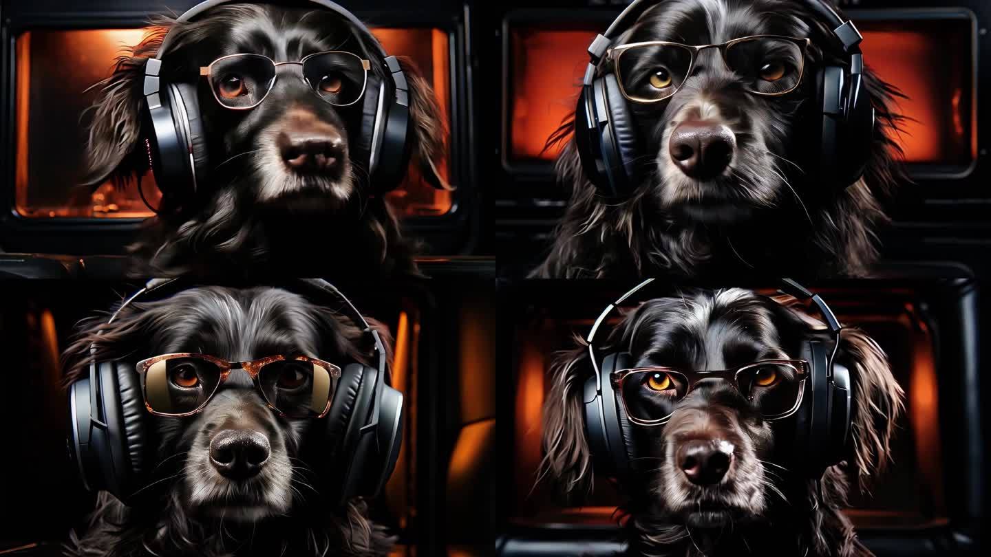 宠物狗狗耳机音乐唱片可爱特写表演萌娱乐
