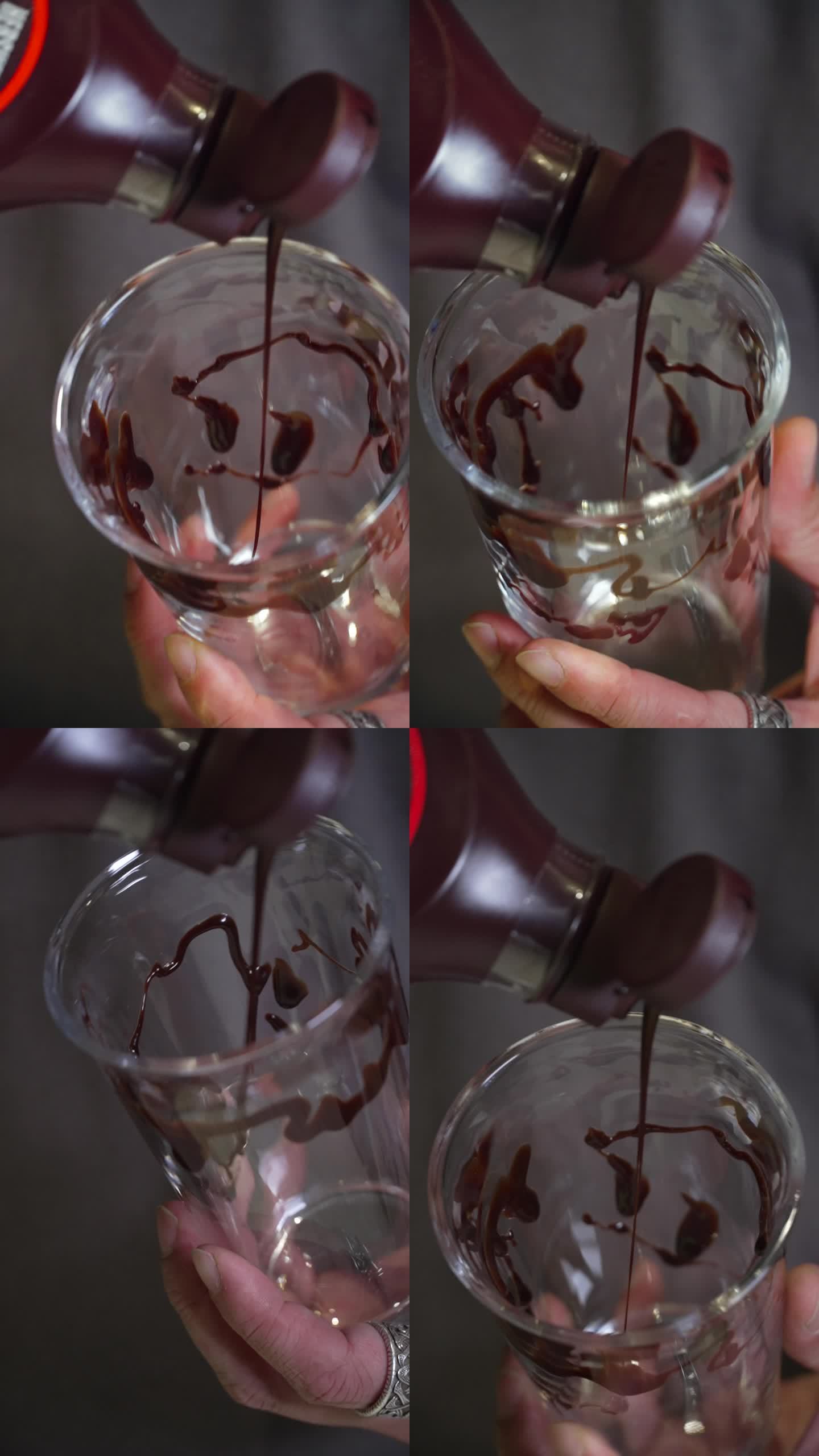 巧克力酱挂透明玻璃杯上