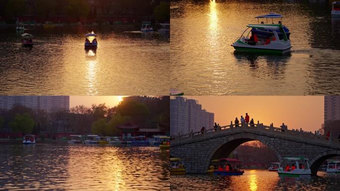 夕阳 黄昏 公园 恋人背影 游船 唯美