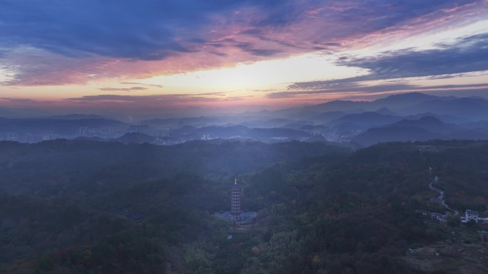 新昌大佛寺西禅寺万佛塔日出航拍