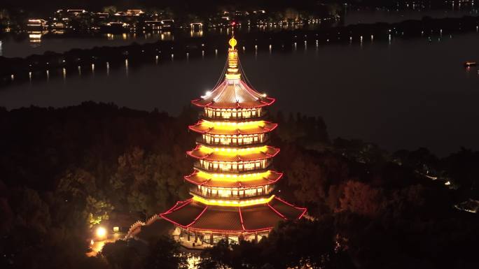 杭州雷峰塔夜景航拍