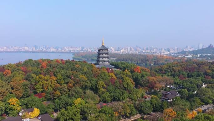 杭州西湖雷峰塔秋景航拍