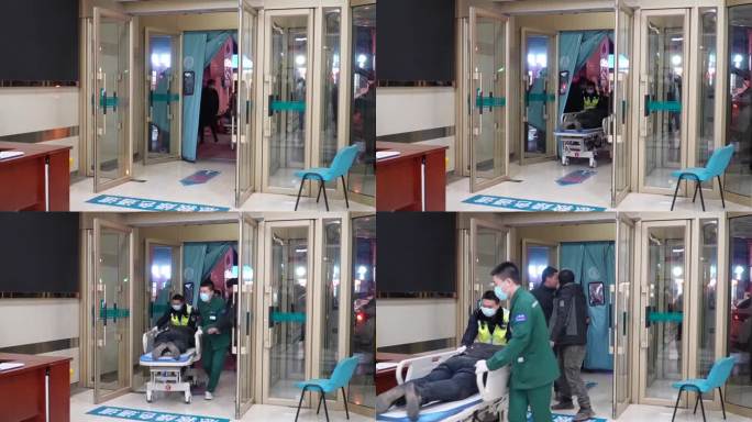 警察交警医生一起把车祸的病人送进医院抢救