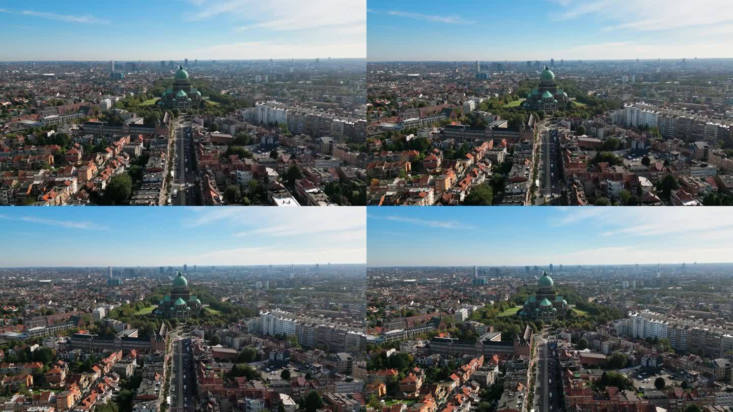 鸟瞰图布鲁塞尔国家大教堂的实时镜头以上的城市视图与街道，道路和拥挤的人，比利时