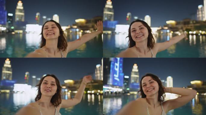 以迪拜喷泉为背景的自拍