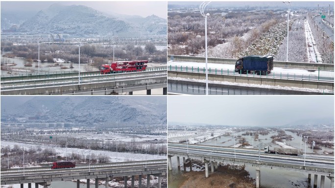 冬天雪后高速公路卡车货运货车道路交通运输