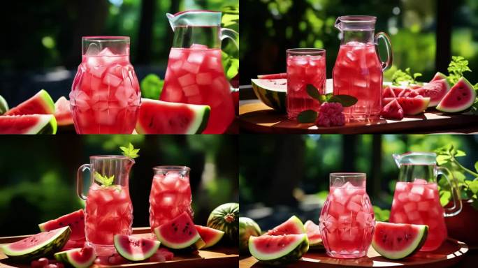 饮料冰块果汁西瓜杯子玻璃液体夏日水果茶