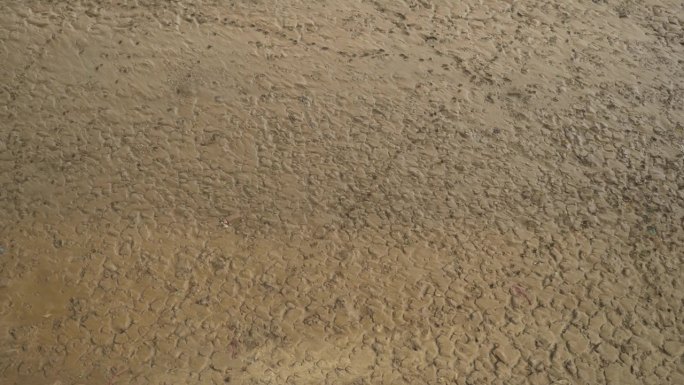 干燥的河床，潮湿的土壤在夏季炎热的天气里残余物