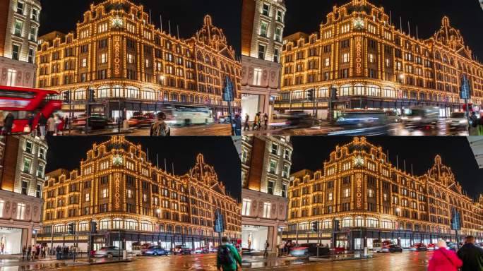 英国伦敦市中心哈罗德豪华百货商店的游客步行和街道生活与交通延时